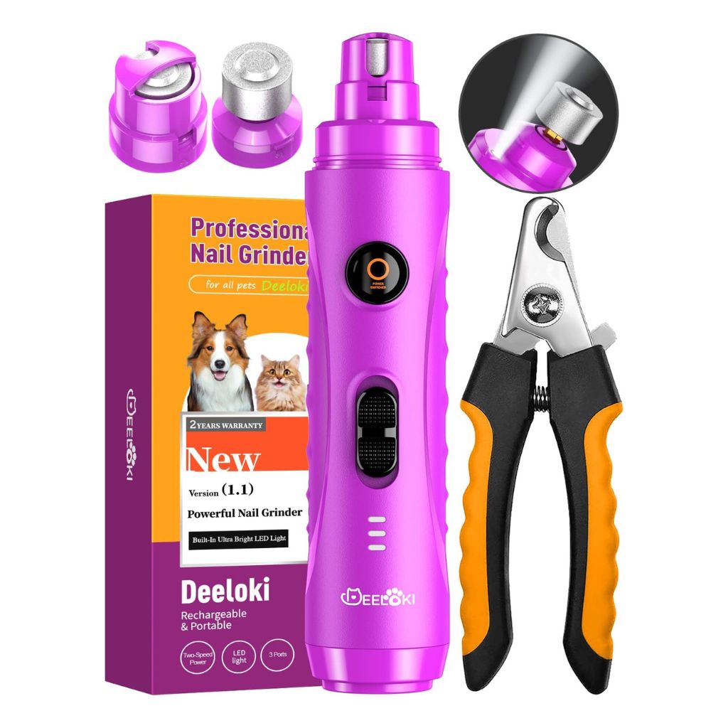 DEELOKI Dog Nail Grinder with LED Light Upgraded 2 Speeds Painless Pet Dog Nail Trimmers and Clipper Super Quiet Best Cat Dog Nail Clipper Kit for Large Small Dogs Pets Cats Breed Paws Quick Grooming