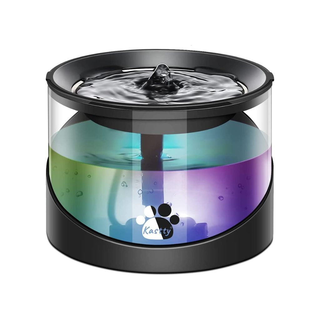 Kastty Cat Water Fountain, Super Quiet Water Fountain for Cats Inside, Pet Water Fountain for Kitty, Cat Waterer, Dog Bowl Dispenser 2.2L/74oz,with Super Long Life Span Pump, Black+Colorful LED Light