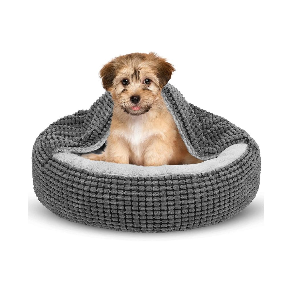 Siwa Mary Small Dog Bed with Attached Blanket, Cozy Donut Cuddler Anti-Anxiety Hooded Pet Beds Calming Cave Bed. Orthopedic Round Puppy Beds for Small Dogs or Cats Washable, Anti-Slip Bottom, 23inch